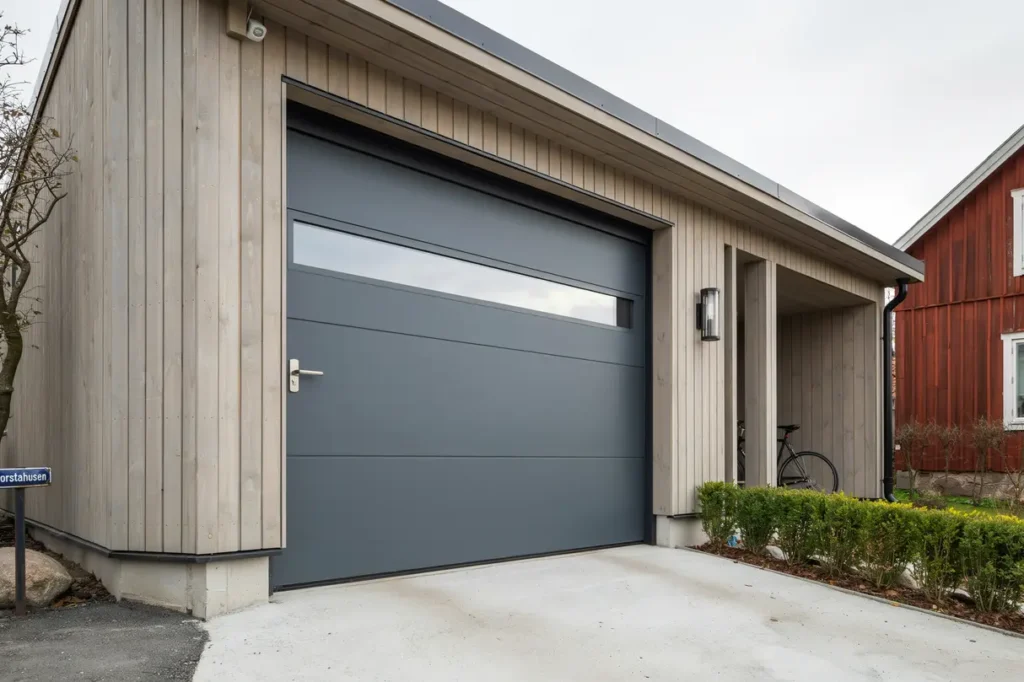 renovering av garage med ny port och panel i borstahusen